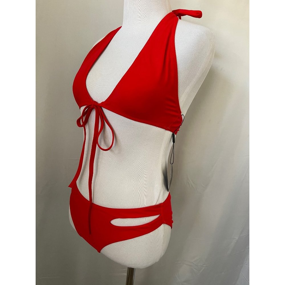 ZAFUL Red Tie Front Bikini Top w/ Matching Peek-a-Boo Racing Style Bikini Bottom - Picture 7 of 12